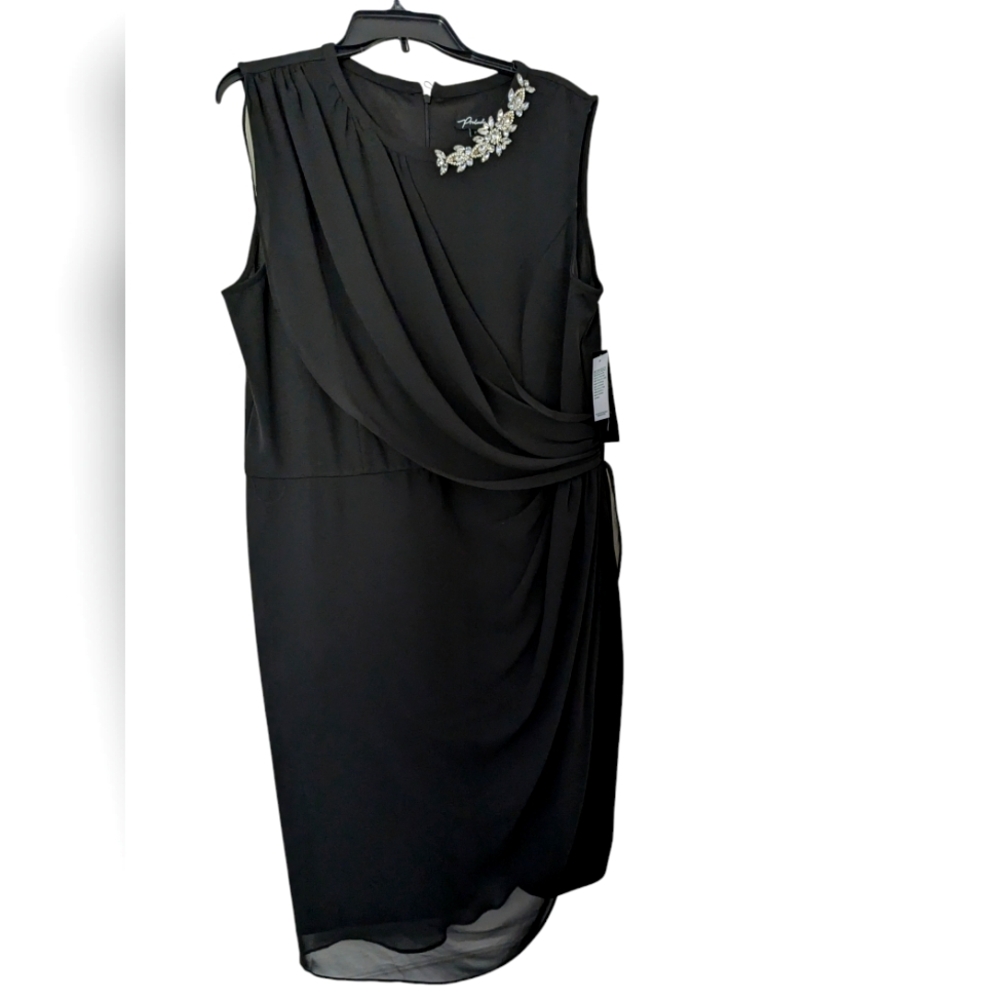 NEW Prelude Black Rhinestone Collar Draped Black Dress Size 16 Formal